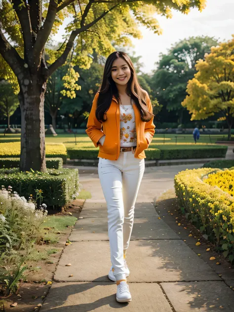 beautiful Indonesian women. long hair. bright face, smiling, wearing an orange jacket with white lace, wearing jeans, wearing shoes. walking in the park, yellow rose flower garden background. HD. Original photo. 18k