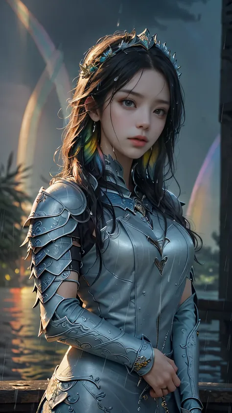 a woman in a pink armor, realistic Art Station, (hard raining:1.5), Detailed Fantasy Art, Stunning Character Art, beautiful Exquisite Character Art, Beautiful (rainbow Armor:1.8), Extremely Detailed, Exquisite Intricate Headdress and Jewellery, perfect bod...