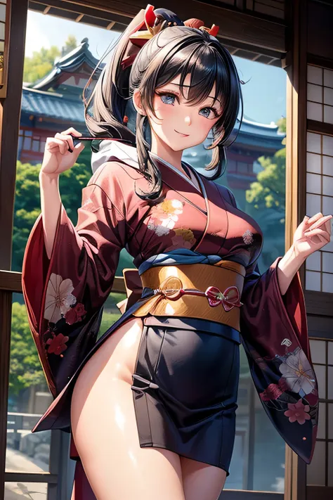 Beautiful Japanese women depicted in the highest quality manga。Her eyes are expressive、Have a perfect face。She has the charm of a cute anime character.、Wearing a beautiful Japanese kimono。The kimono has a dragon embroidered on it..、Features black and red c...