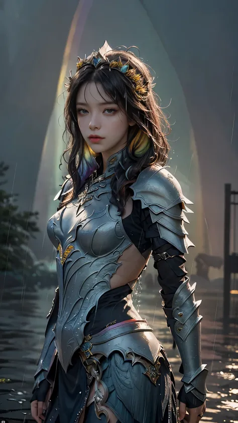 a woman in a pink armor, realistic Art Station, (hard raining:1.5), Detailed Fantasy Art, Stunning Character Art, beautiful Exquisite Character Art, Beautiful (rainbow Armor:1.8), Extremely Detailed, Exquisite Intricate Headdress and Jewellery, perfect bod...