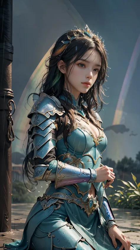 a woman in a pink armor, realistic Art Station, (hard raining:1.5), Detailed Fantasy Art, Stunning Character Art, beautiful Exquisite Character Art, Beautiful (rainbow Armor:1.8), Extremely Detailed, Exquisite Intricate Headdress and Jewellery, perfect bod...