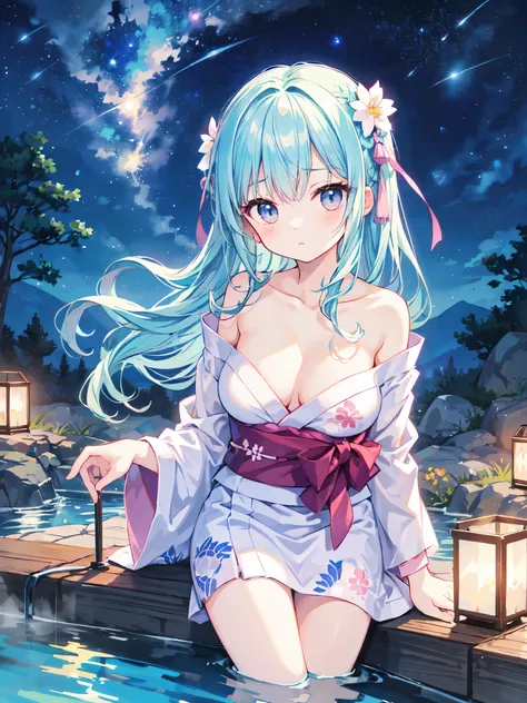 （masterpiece）、(highest quality)、((Super detailed))、(super delicate)、pastel colored hair、beautiful breasts、yukata、Hot spring at night、fantastic starry sky