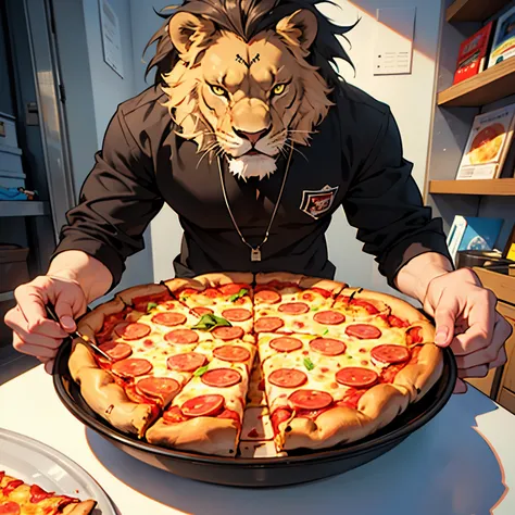 ((best quality)), ((masterpiece)), ( nepali man | lion ) is selling nyc style pepperoni pizza