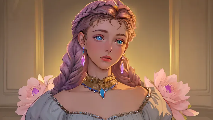 (Super high quality gem，Beautiful bust of an 18-year-old noble girl，classic braids，eyes are bright and clear，flower craftsmanship，crystal jewelry，super fine details，soft lighting)