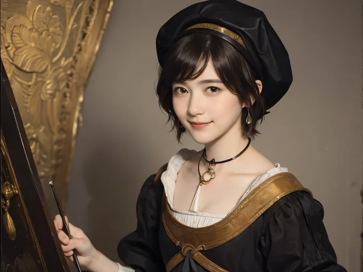 182 short hair, 20 year old female, gentle smile, (rembrandt style painting), (chest:1.2)
