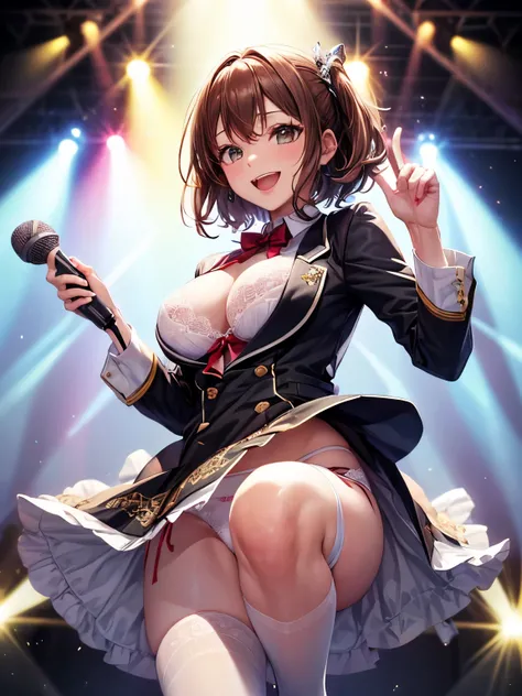 highest quality、All limbs、full finger、Slender beauty、brown hair、(Dereste:1.3)、red, (白とredのアイドル衣装:1.2)、knee socks、beautiful big breasts、live stage、sing、holding a microphone, big smile、(white horizontal lace panties :1.1), (skirt lift:1), (shirt lift:0.8), s...