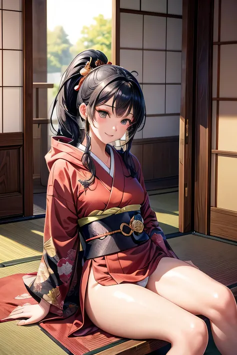 Beautiful Japanese women depicted in the highest quality manga。Her eyes are expressive、Have a perfect face。She has the charm of a cute anime character.、Wearing a beautiful Japanese kimono。The kimono has a dragon embroidered on it..、Features black and red c...