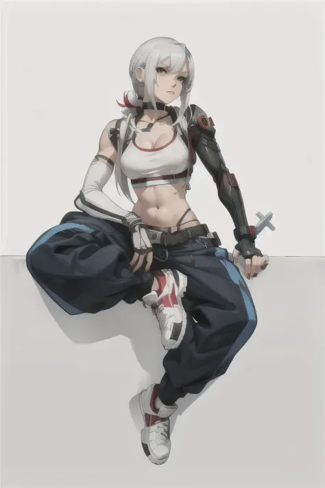 a cartoon drawing of a woman sitting on a wall with a red apple, shiro from deadman wonderland, an edgy teen assassin, anime style character, urban girl fanart, badass pose, inspired by INO, cyborg - girl with silver hair, very modern anime style, tifa loc...