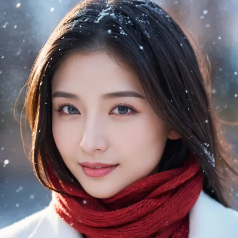 ((highest quality、table top、8K、best image quality、Award-winning work))、one beautiful woman、smile looking at me、(close up of face:1.6)、(The perfect and most natural red long scarf:1.2)、(elegant thick white coat:1.1)、epic movie lighting、(romantic love feelin...
