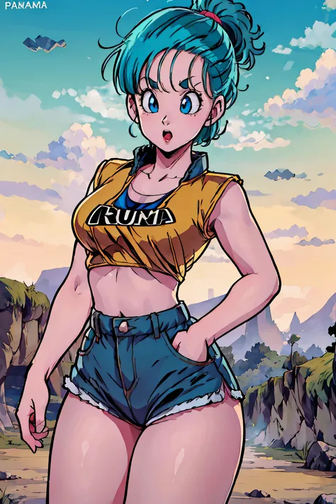 high definition, 8k, cara detallada, agarrando su pecho, mostrando su pecho, bulma de dragon ball z, ojos azules profundos, (pec...