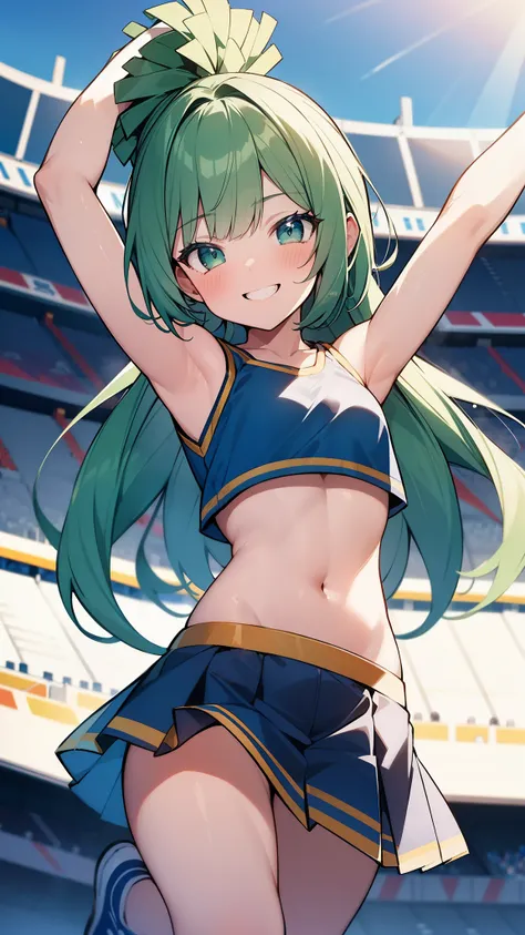 32k, 16k, 8k, best quality, ultra-detailed, high resolution, perfect anatomy, head on, stadium background, cheerleader, high quality eyes, cute girl, peek from below, happy smile, ligth green hair, acrobatic pose,