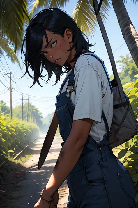 girl with black skin and black hair farmer with dirty overalls and plantation with a sad look