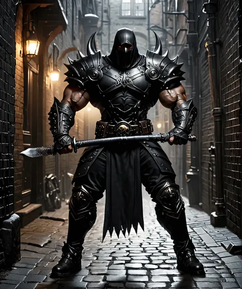 1 man, extremely muscular, black armor without helmet in a dark alley, wielding  a big sword  steampunknoireai