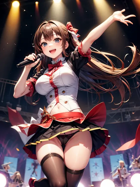 highest quality、All limbs、full finger、Slender beauty、brown hair、Dereste、red, 白とredのアイドル衣装:1.1、knee socks、beautiful big breasts、live stage、sing、holding a microphone, dancing, big smile、(redリボン付き白の横紐レースパンティー :1.1), The skirt is flipped by the wind, show off ...