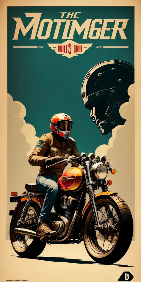 A highly detailed propaganda poster, robot, robot riding a motor bike, custom bike, chopper, vintage motorcycle, cafe racer, pop art, art deco, vintage, typography, vintage paper, the rule of thirds, trending on artstation, UHD, no mudguards, scrambler, mo...