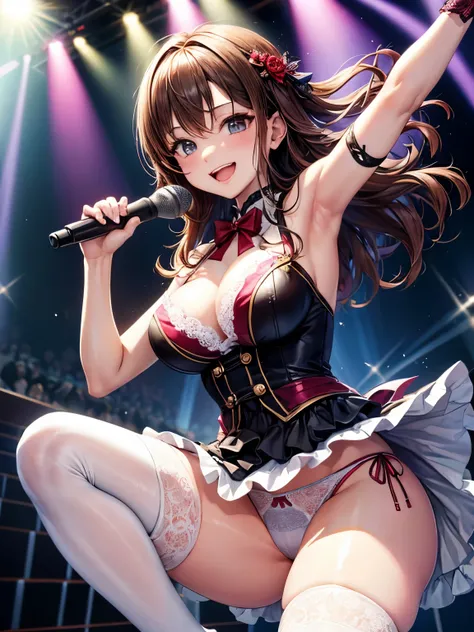 highest quality、All limbs、full finger、Slender beauty、brown hair、Dereste、red, 白とredのアイドル衣装:1.1、knee socks、beautiful big breasts、live stage、sing、holding a microphone, dancing, big smile、(white horizontal lace panties :1.1), The skirt is flipped by the wind, ...