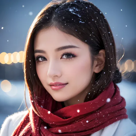 ((highest quality、table top、8K、best image quality、Award-winning work))、one beautiful woman、smile looking at me、(close up of face:1.6)、(The perfect and most natural red long scarf:1.2)、(elegant thick white coat:1.1)、epic movie lighting、(romantic love feelin...