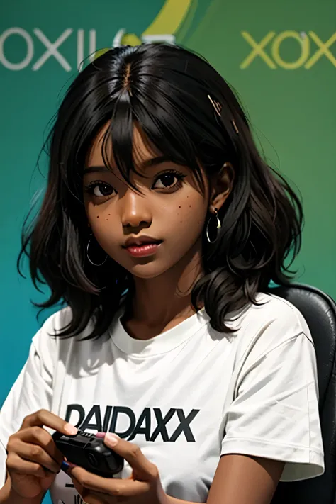 1 girl of dark skin color , con cabello corto color negro y en sus manos sosteniendo un control de xbox  y que en la parte de abajo diga el nombre de DANAGARX