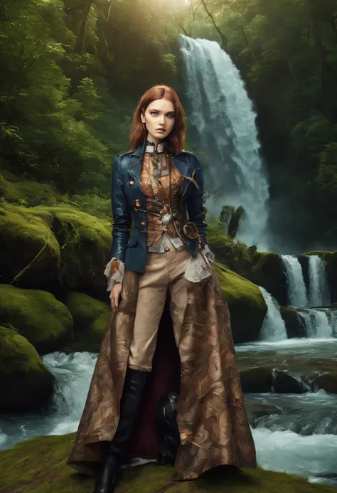 A landscape from a forest, some steampunk machine like beattles staring very close from the camera, a huge waterfall in the back and a river flowing from the left to the right side of the picture. realistic graphics, bright colors mid tones enhancing the v...