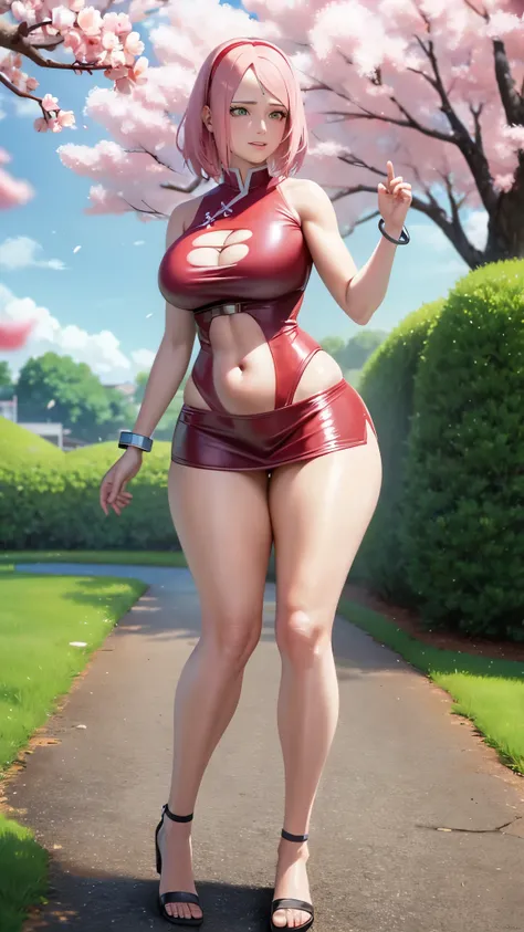 Chubby , thick, Curve, Realistic, Photorealistic,cowboy shot,masterpiece, absurdres, (colorful), 1girl, haruno sakura, forehead mark, red hairband, detailed chinesse mini dress, navel, groin, bracelet, looking at viewer, flushed face, smile, cherry blossom...