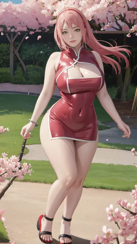 Chubby , thick, Curve, Realistic, Photorealistic,cowboy shot,masterpiece, absurdres, (colorful), 1girl, haruno sakura, forehead mark, red hairband, detailed chinesse mini dress, navel, groin, bracelet, looking at viewer, flushed face, smile, cherry blossom...