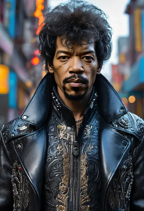 (masterpiece, best quality, RAW photo, intricate details), 1man / Jimi Hendrix / detailed eyes, detailed face, detailed facial hair,  wearing leather jacket, leather trenchcoat, prosthetic limbs, cybernetic implants, cyberpunk city background 