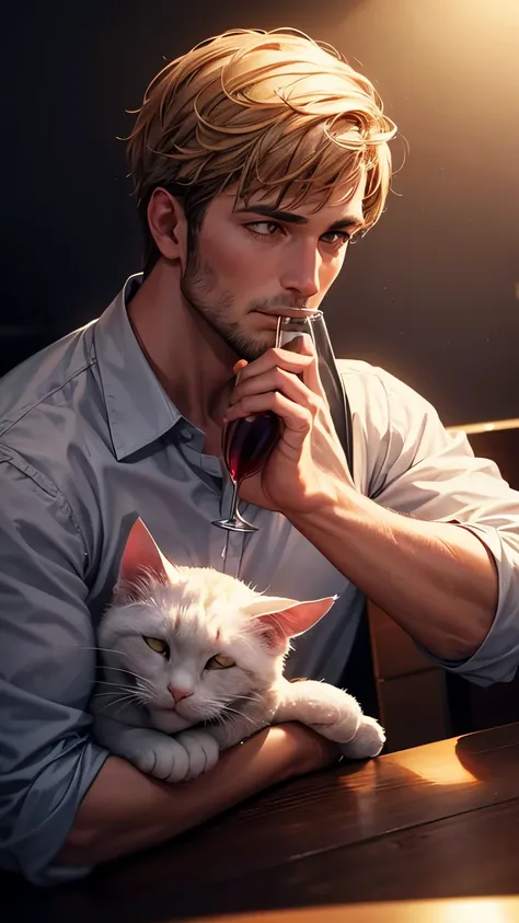 A man drinking wine, white cat on his shoulder, illustrations, high-resolution, ultra-detailed, realistic, portraits, warm tones, soft lighting