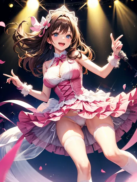 highest quality、All limbs、full finger、Slender beauty、straight hair、brown hair、Dereste pink, White and pink idol costume、high socks、beautiful big breasts、live stage、sing、microphone, dancing、big smile、(white horizontal lace panties:1.1), skirt lift