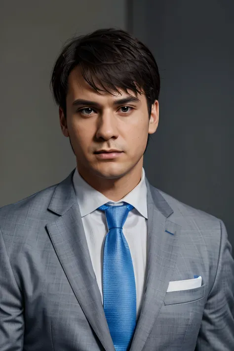 IT Manager profile picture, serious expression, gray suit with blue tie and white shirt