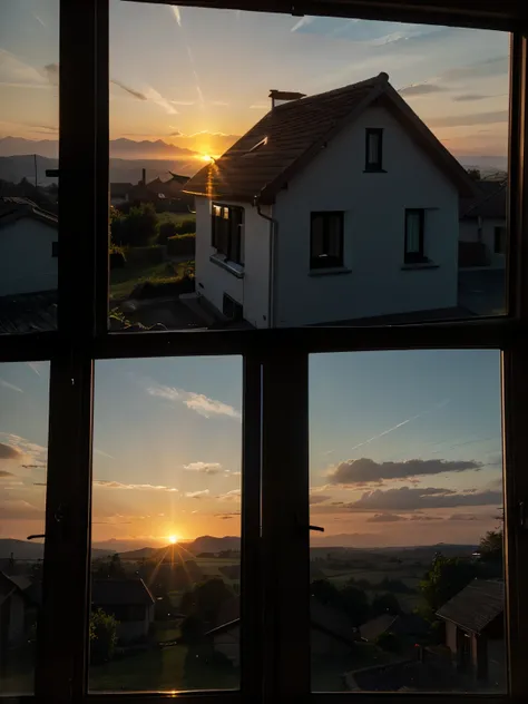 Sunrise in the countryside, the sun between the mountains on the horizon hitting the house window