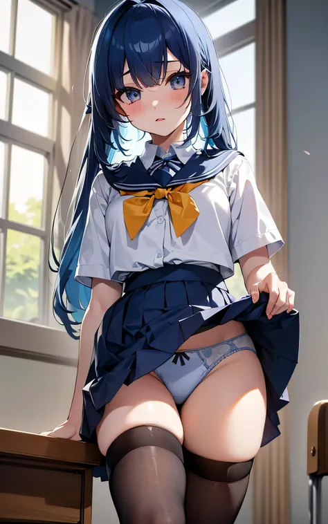 absurderes:1.8, ((From the thigh up:1.5, beautiful clear eyes)), ((school uniform、skirt lift:1.5, showing panties:1.4, hime cut))、(1woman), Unity 8K Wallpaper, Masterpiece, detailed hair, highly detailed, (blue hair, wwhite panties:1.4, school), (Uncomfort...