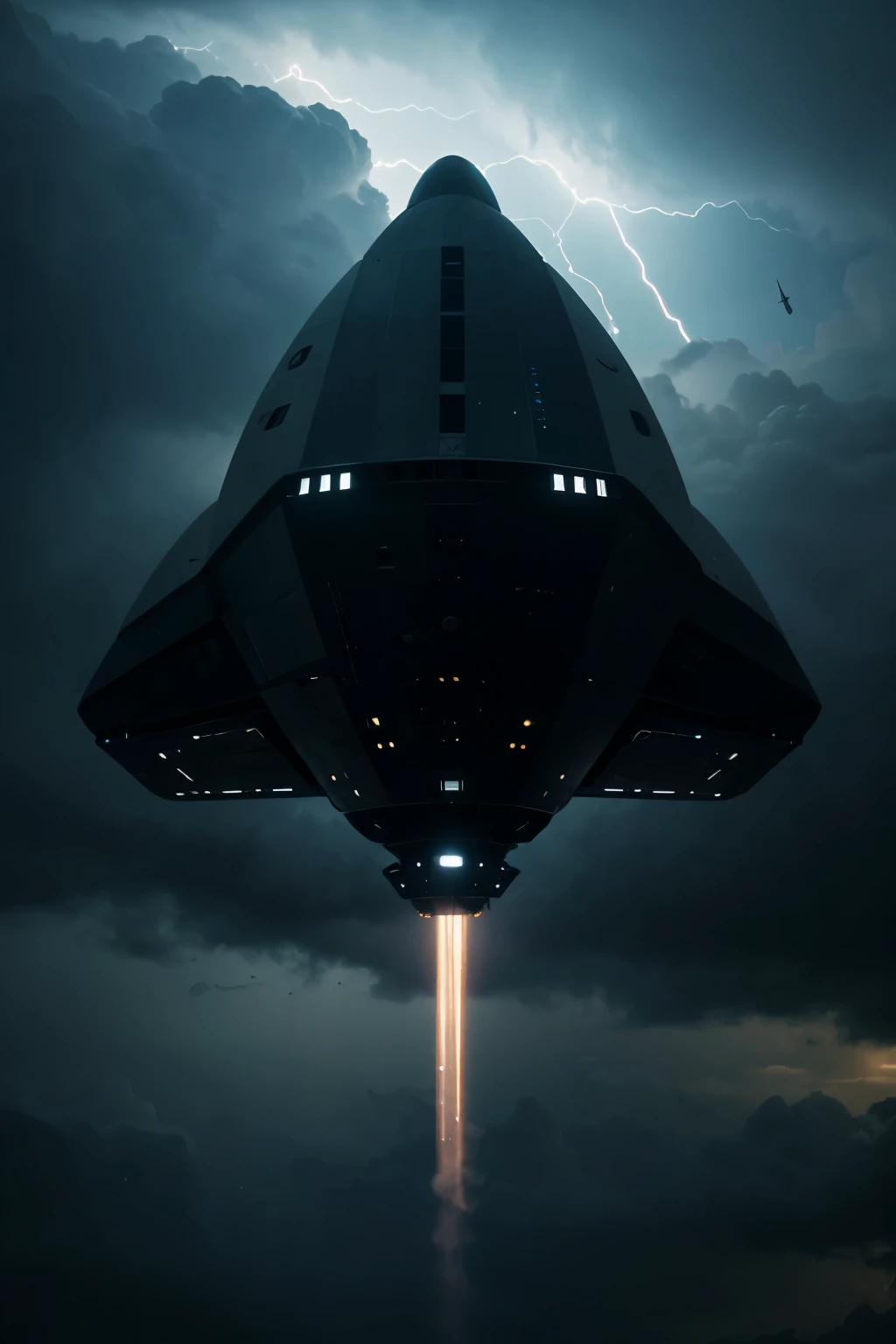 Spaceship descending from a dark stormy sky