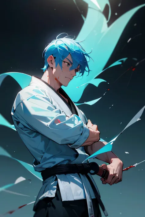 (a man, cinematic still shot, Jiu Jitsu gi, black belt, light blue hair with cyan tips, manipulating blood in the air, well decorated karate dojo as the background)[best quality, 4k, highres, masterpiece:1.2], ultra-detailed, realistic:1.37, HDR, studio li...