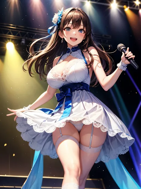 highest quality、All limbs、full finger、Slender beauty、straight hair、brown hair、Delete Blue, white and navy idol costume、high socks、beautiful big breasts、live stage、sing、holding a microphone, dancing、big smile、(white horizontal lace panties:1.1), skirt lift,...