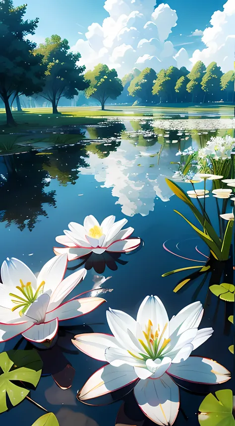 White lily wallpaper, white themed background, blueis water pond, white clouds in the background