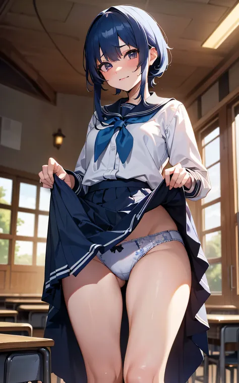 absurderes:1.8, ((From the thigh up:1.5, beautiful clear eyes)), ((school uniform、skirt lift:1.5, showing panties:1.4, hime cut))、(1woman), Unity 8K Wallpaper, Masterpiece, detailed hair, highly detailed, (blue hair, wwhite panties:1.4, school), (grimace:1...