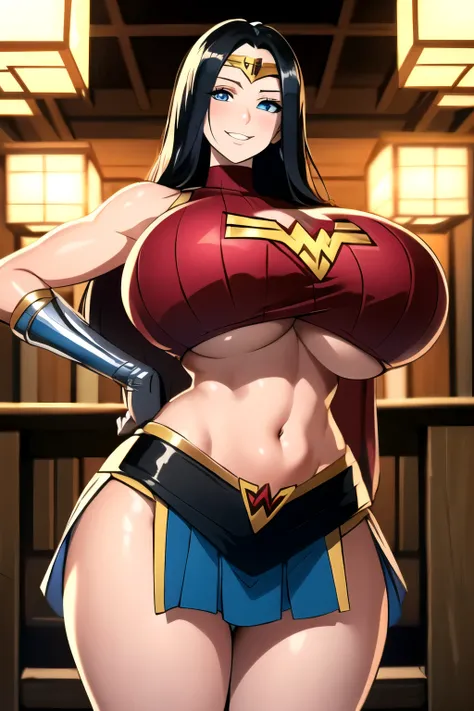 masterpiece, best quality, matsumoto rangiku, beautiful lighting, long hair, (Wonder Woman costume), crop top, mini skirt, turtleneck, gigantic breasts, underboob, standing, looking at viewer, blue eyes, smile, japanese architecture, cowboy shot, shiny ski...