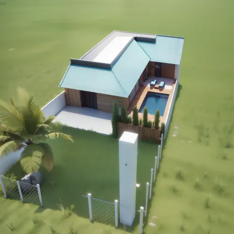 a representation of a small house with a pool and fence, caixa de agua na frente. 3D renderinging, 3D rendering, Final 3D rendering, Modelo renderizado em 3D, renderizar 3d, isometric 3D rendering, Final 3D rendering, Final 3D rendering, isometric view!!!!...