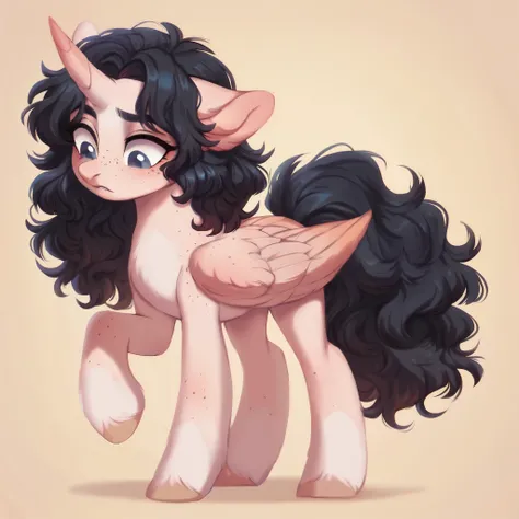 score_9, score_8_up, score_7_up, score_6_up, score_5_up, score_4_up, feral pony, female pony, hungry pony, show accurate, light white skin, black hair, messy hair, curly hair, wavy hair, short hair, grey eyes, blind eyes, lost look, adorable face, pegasus ...