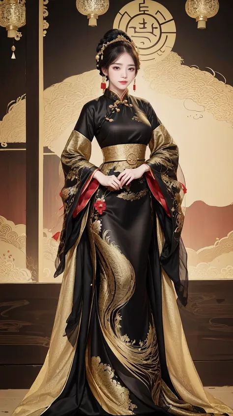 A woman in a black and gold dress posing for a photo, cheongsam, cheongsam, Paired with ancient Chinese costumes, Hanfu, Chinese style, Chinese traditional, Chinese traditional clothing, beautiful fantasy queen, Chinese girl, In line with ancient Chinese a...