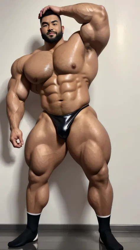 a chinese bodybuilder，30 years old，Tall and handsome, Toned body，short hair, O-shaped beard，Perfect body, Dark and shiny complexion，smooth skin，The body is hairless，Muscle bulge, muscular, Very big pecs，Very sexy abs，Leg muscles are very developed，Huge bum...