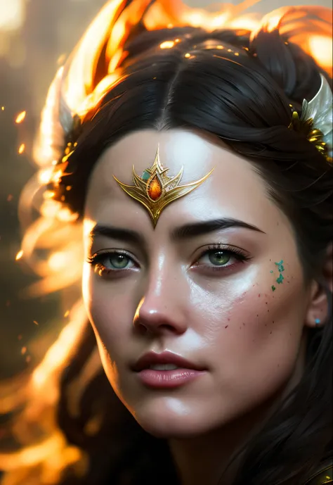 Looks like Amber Heard, Realistic role-playing face portrait painting of a beautiful rpg champion, pastel color, intricate details, fantasy, universe, intricate magical embroidery, very detail hair, very detail eyes, intense face, [elden ring|d &amp; d] co...