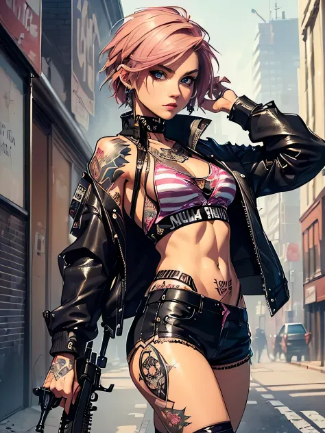 (((highest quality: 1.4))),(A masterpiece like no other in history), (ultra high resolution),(Ultra-realistic 8k CG), official art、 (((adult body))), (((1 girl))), ((( bob short hair ))), punk girl with perfect body, jacket with metal spine,beautiful and w...