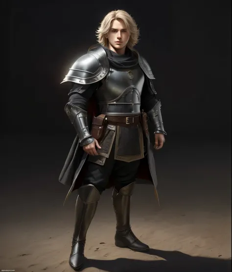 Renaissance style, UHD, perfect composition, ((Extremely realistic)) ((Extremely detailed)) ((anatomically correct)) full body portrait of a white cordial ((young man)) knight with wind-swept ((short sandy-blond hair)) and a (diamond shaped face) with (((g...