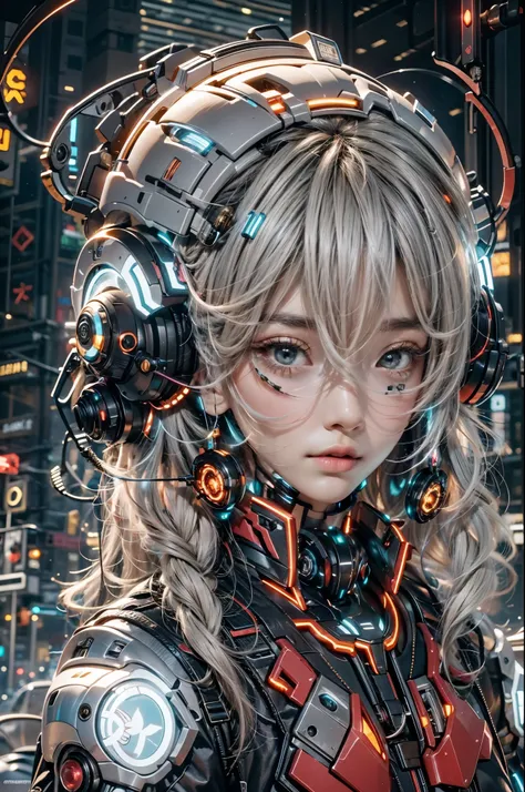 best quality，masterpiece，16K，1 girl,cyberpunk,Luminous headphones,Mechanical jewelry fragments,technical background,Frontal close-up,Pistol-like earpiece mechanical structure,multi-light headphones,Headphones with ultra-complex mechanical structure,Multi-l...