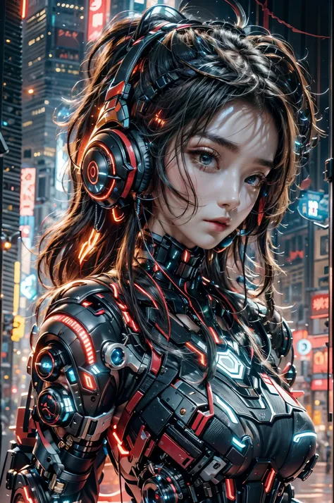 best quality，masterpiece，16k，1 girl,cyberpunk,luminous headphones,mechanical jewelry fragments,technical background,frontal clos...