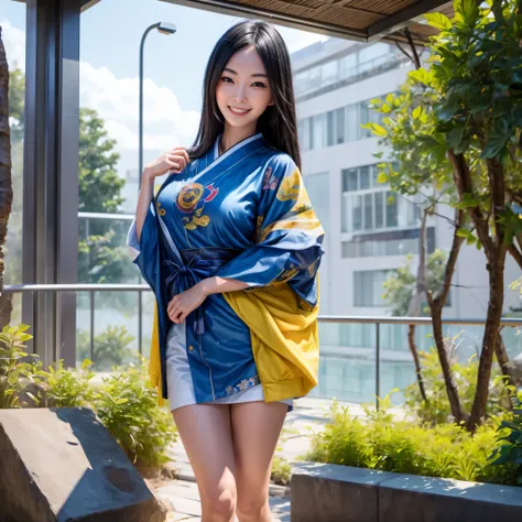 (best quality,4k,8k,highres,masterpiece:1.2),ultra-detailed, Japanese Goddess Amaterasu as a college student, Black hair, Blue  with yellow accents, walking around college campus, smiling at viewer, undressing, breasts exposed, seducing viewer, HDR, 8k, ab...