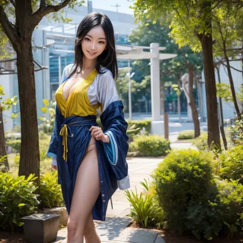 (best quality,4k,8k,highres,masterpiece:1.2),ultra-detailed, Japanese Goddess Amaterasu as a college student, Black hair, Blue  with yellow accents, walking around college campus, smiling at viewer, undressing, breasts exposed, seducing viewer, HDR, 8k, ab...