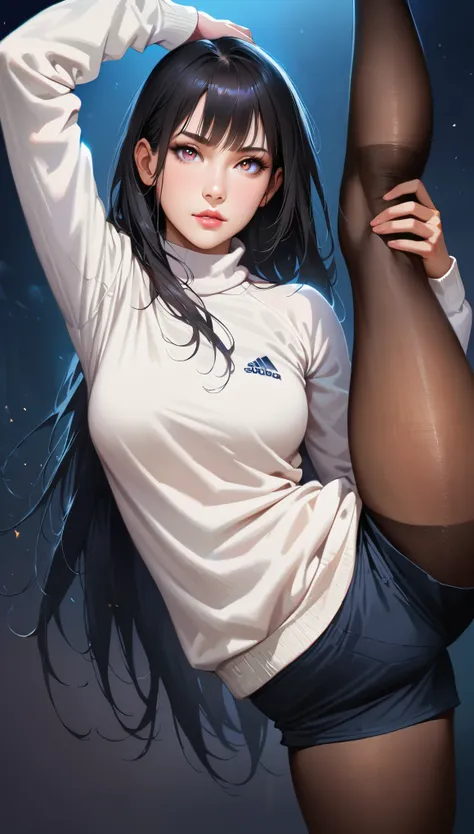 (best quality:1.2), 1girl, standing_split, long black hair, white turtleneck sweater, sports shorts, pantyhose, beautiful detail...