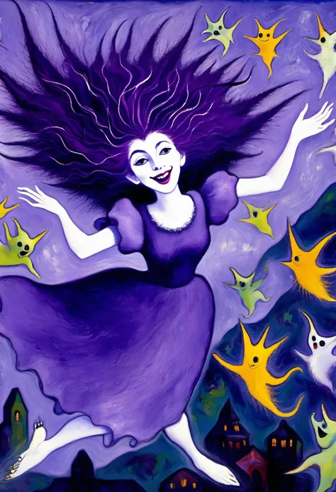 ghost, (monster girl), purple skin, thorns, spiky purple hair, caught laughter, floating hands, dressed in a dark purple dress, floating in the air,((Marc Chagall style)), magical naive art, primitivism, protogenes,((Best quality, masterpiece)),
(Higher de...